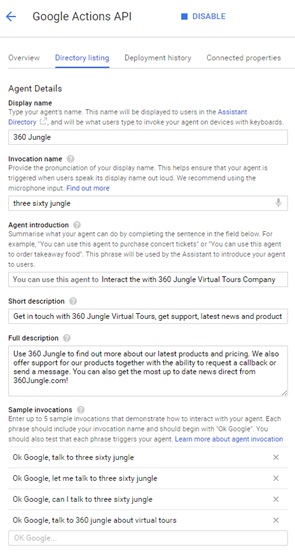Google Developer Console Voice App